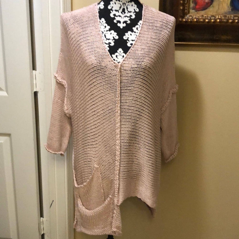 💕Handmade asymmetrical light rosy pink cotton crochet over sweater